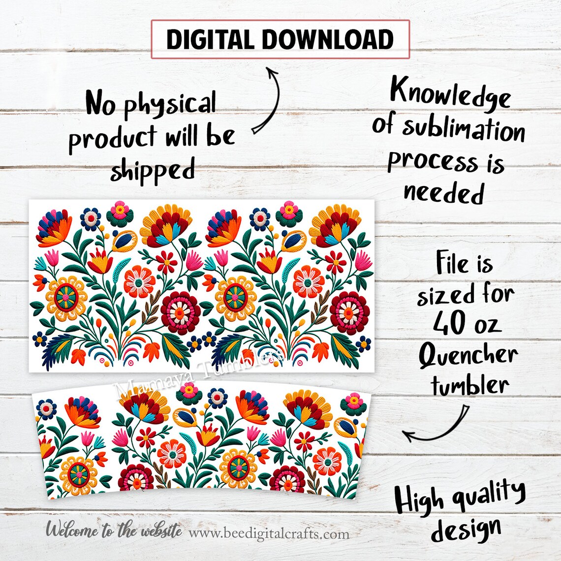 Mexican Embroidery Flower 40oz Quencher Tumbler Sublimation Design ...