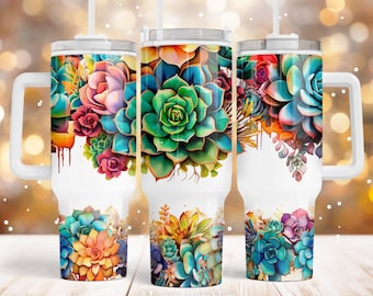 Succulent 40oz Quencher tumbler sublimation design Flower Plants Floral digital PNG wrap Seamless Waterslide download