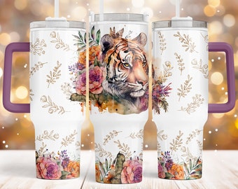 Tiger 40 oz Quencher tumbler sublimation design Wild exotic animal Floral Boho flower digital wrap Waterslide download