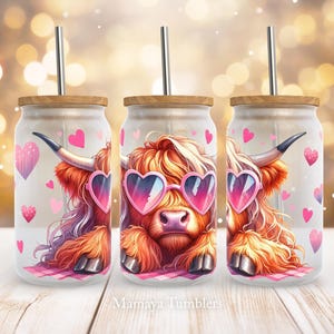 Highland cow 16oz glass can sublimation design Funny animal with heart sunglasses Valentine&#39;s Day Glass can wrap PNG Digital download