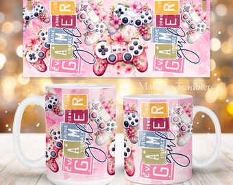 Gamer girl mug sublimation design citation chrétienne fleurs contrôleur de jeu vidéo modèle de tasse à café 11 oz 15 oz Wrap PNG téléchargement numérique