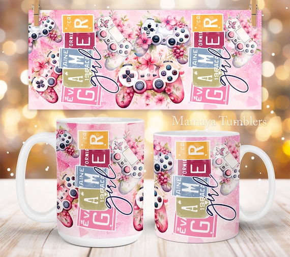 Gamer girl mug sublimation design Christian quote Flowers Video game controller 11oz 15oz coffee cup template Wrap PNG Digital download