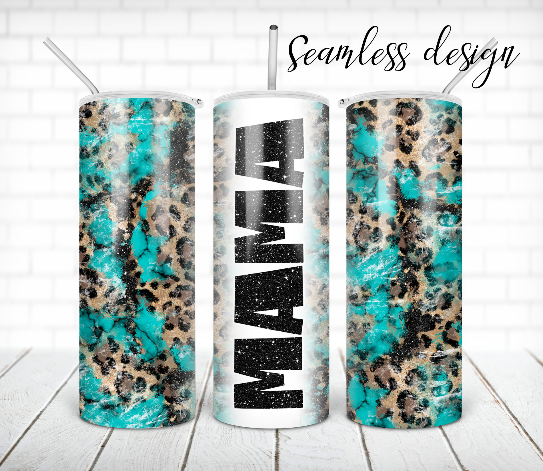 SEAMLESS Mama Tumbler PNG Design Leopard Turquoise Glitter 20 Oz Skinny ...