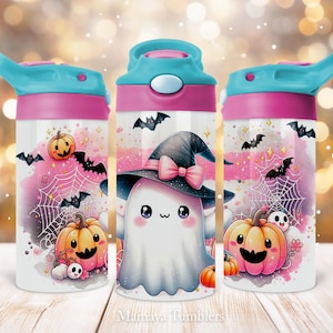 May include: Three pink and blue water bottles with a Halloween theme. The bottles feature a ghost wearing a witch's hat, bats, pumpkins, and spiderwebs. The bottles are decorated with a watercolour-like design.