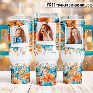 Photo frame 40oz Quencher tumbler sublimation design 3 Family pictures Teal flowers digital PNG wrap Waterslide download