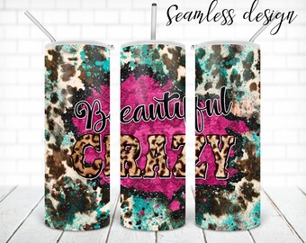 Beau gobelet western fou sans couture design PNG en peau de vache bleu sarcelle gobelet skinny 20 oz DROIT Emballage numérique