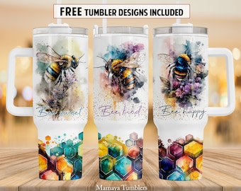 Bee 40 oz Quencher tumbler sublimation design Flowers Watercolor inspirational quotes Floral digital PNG wrap Waterslide download