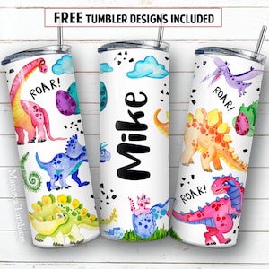 Dinosaur name 20 oz skinny tumbler sublimation design Funny watercolor animal Girl boy design Digital PNG Straight wrap Waterslide download