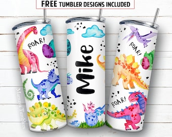 Dinosaur name 20 oz skinny tumbler sublimation design Funny watercolor animal Girl boy design Digital PNG Straight wrap Waterslide download