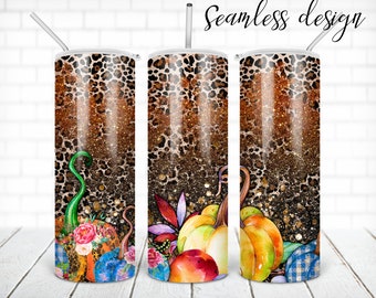 SEAMLESS leopard pumpkin and glitter tumbler PNG design Western fall 20 oz skinny tumbler STRAIGHT digital wrap