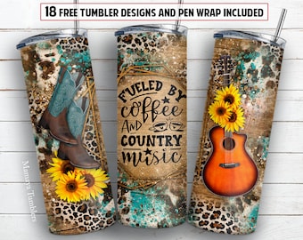 20 oz skinny tumbler sublimation design Guitar Country music digital PNG design + 30 oz tumbler template and Epoxy pen wrap design