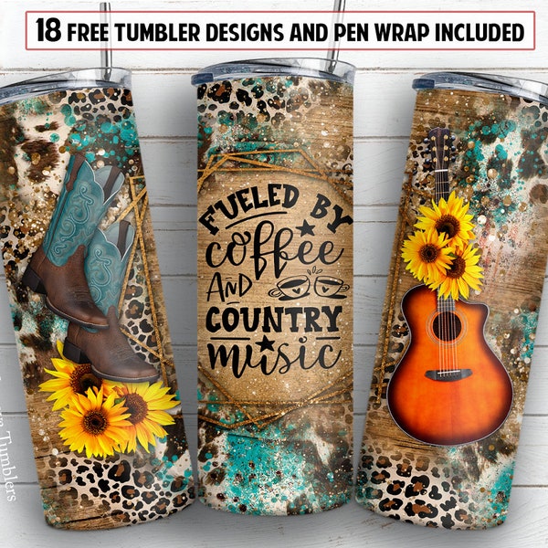 20 oz skinny tumbler sublimation design Guitar Country music digital PNG design + 30 oz tumbler template and Epoxy pen wrap design