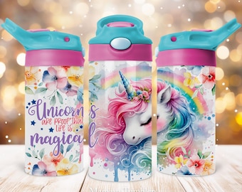 May include: Three pink and blue water bottles with a unicorn and rainbow design. The text on the bottle reads "Unicorns are proof that life is magical."