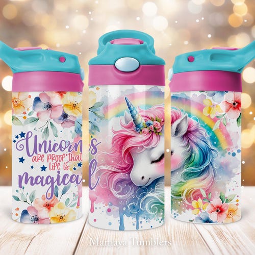 Eenhoorn 12oz flip-top kinderbeker beker beker wrap, Life is magisch regenboog bloemen kinder beker sublimatie png, digitale download