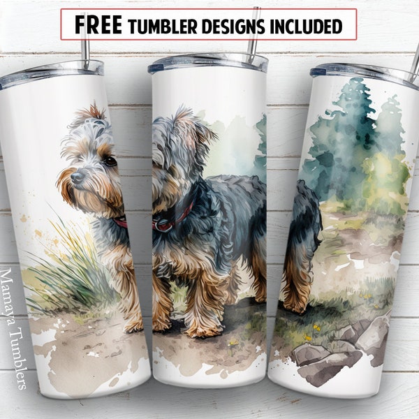 Yorkiepoo dog 20 oz skinny tumbler sublimation design Watercolor pet lover digital PNG Straight wrap Waterslide download