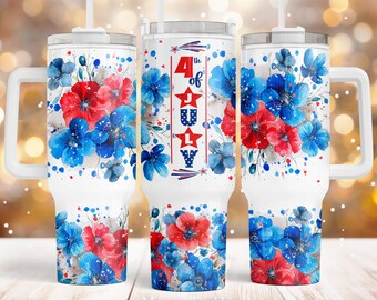 4th of July 40oz Quencher tumbler sublimation design America Flowers Patriotic USA flag Floral Wrap template Digital download