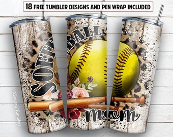 NAHTLOS Softball Mom Becher PNG Design Wood Leopard Sport 20 oz Skinny Becher GERADE digital wrap