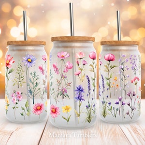 Field flowers 16oz glass can sublimation design Wild flowers Floral Glass can wrap PNG wrap download