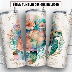 Turtle 20 oz skinny tumbler sublimation design Boho Floral sea animal Watercolor digital PNG Straight wrap Waterslide download