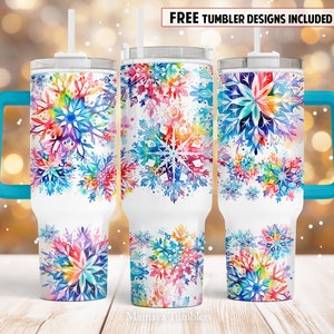 Snowflakes 40oz Quencher tumbler sublimation design Christmas neon digital PNG wrap Waterslide download