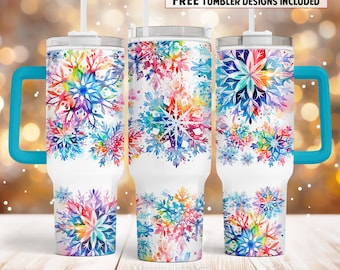 Snowflakes 40oz Quencher tumbler sublimation design Christmas neon digital PNG wrap Waterslide download