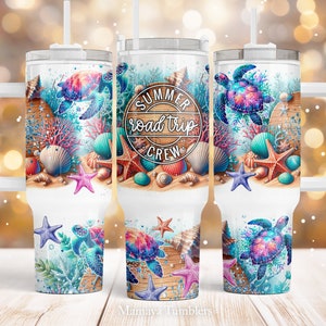 Summer Road Trip Crew 40 Unzen Quencher Tumbler Sublimationsdesign Schildkröte Strand Beruf Zitat PNG wrap Wasserschiebefolie Vorlage Digitaler Download