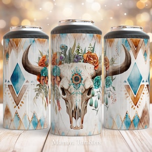 May include: Three stainless steel tumblers with a white background and a design of a skull with a floral crown. The design is in shades of brown, blue, and white. The tumblers are on a wooden surface.