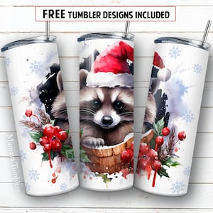 Christmas raccoon 20 oz skinny tumbler sublimation design Cute animal with Santa&#39;s hat digital PNG Straight wrap Waterslide download design