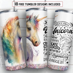 Unicorn 20oz skinny tumbler sublimation design Watercolor fairy animal Advice Kids digital PNG Straight wrap Waterslide download