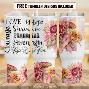 Conciencia 40 oz Diseño de sublimación de vaso Quencher Cáncer de mama Cinta rosa girasol Envoltura PNG digital floral Descarga de tobogán