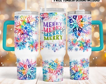 Merry Christmas 40oz Quencher tumbler sublimation design Colorful Snowflakes Winter digital PNG wrap Waterslide download