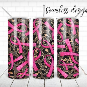 SEAMLESS breast cancer awareness tumbler PNG design Pink ribbon leopard 20 oz skinny tumbler STRAIGHT digital wrap