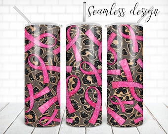 SEAMLESS breast cancer awareness tumbler PNG design Pink ribbon leopard 20 oz skinny tumbler STRAIGHT digital wrap