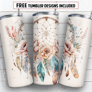 Dreamcatcher 20 oz skinny tumbler sublimation design Boho Feathers and flowers Watercolor digital PNG Straight wrap Waterslide download