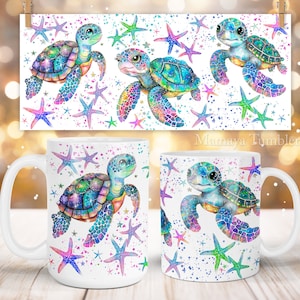 May include: White ceramic mug and a rectangular print featuring colorful sea turtles and starfish. The turtles have vibrant, iridescent shells. The print and mug are decorated with pink, blue, and green starfish and paint splatters. The text "Mamaya Tumblers" is visible.