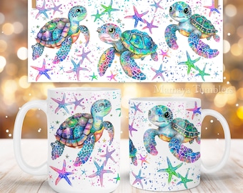 Turtle mug sublimation design Summer Sea life Animal Starfish Neon 11oz 15oz coffee cup template Wrap PNG Digital download