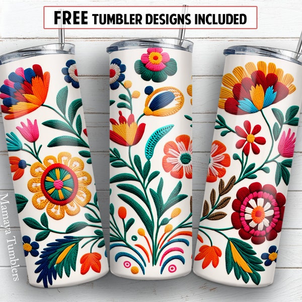 Mexican embroidery flower pattern 20 oz skinny tumbler sublimation design Floral digital PNG Straight wrap Waterslide download