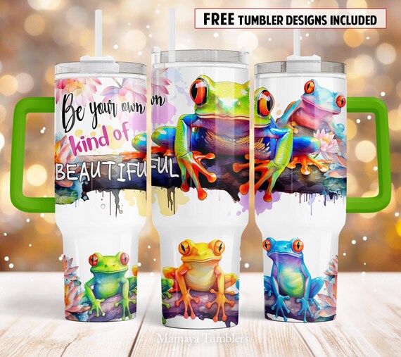 3D Frog Tumbler Wrap with flowers and butterflies PNG