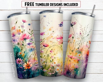 Field flowers 20 oz skinny tumbler sublimation design Seamless floral digital PNG Straight wrap Waterslide download