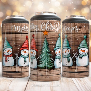 Merry Christmas 4 in 1 can cooler sublimation design Cute Snowman Christmas tree Wood can cooler wrap Digital design Staight PNG