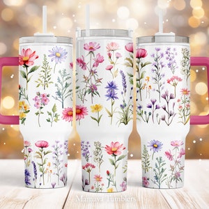 Field flowers 40oz Quencher tumbler sublimation design Wild flowers Floral digital PNG wrap Waterslide download