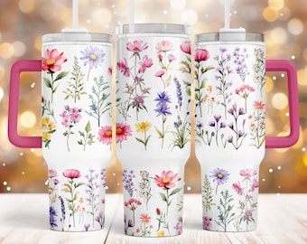 Field flowers 40oz Quencher tumbler sublimation design Wild flowers Floral digital PNG wrap Waterslide download