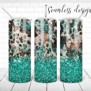 Cowhide teal tumbler PNG design Western cow skin glitter 20 oz skinny tumbler STRAIGHT digital wrap