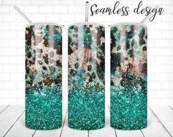 Cowhide teal tumbler PNG design Western cow skin glitter 20 oz skinny tumbler STRAIGHT digital wrap