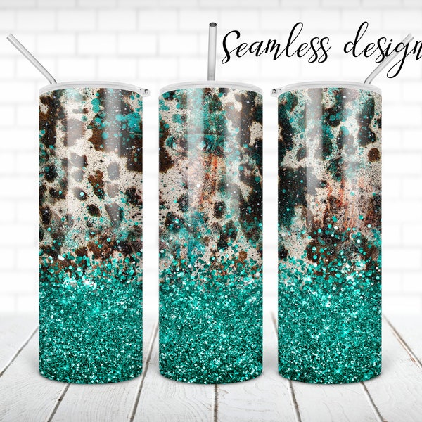 Cowhide teal tumbler PNG design Western cow skin glitter 20 oz skinny tumbler STRAIGHT digital wrap