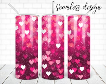 Glitter pink hearts tumbler PNG design Valentine's day 20 oz skinny tumbler STRAIGHT digital wrap