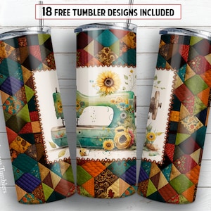 May include: Three stainless steel tumblers with a patchwork quilt design featuring a vintage sewing machine and sunflowers. The tumblers are white with a brown, green, orange, and blue patchwork design. The text "Mamaya Tumblers" is on the left tumbler.