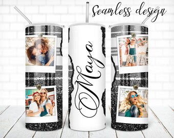 SEAMLESS buffalo plaid picture frame tumbler PNG design Christmas name glitter 20 oz skinny tumbler STRAIGHT digital wrap