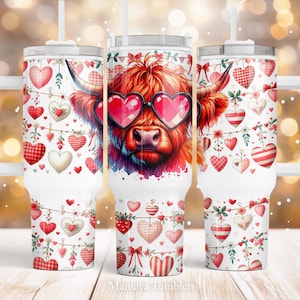 Valentine Highland cow 40oz Quencher tumbler Sublimation design St Valentine day Love Heart Glasses PNG wrap Waterslide Digital download