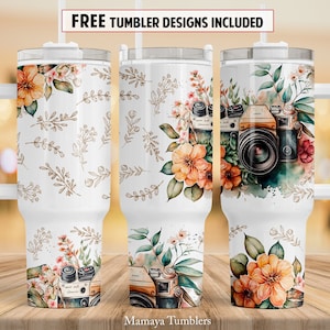 Camera flower 40 oz Quencher tumbler sublimation design Watercolor Floral Boho Photographer digital PNG wrap Waterslide download